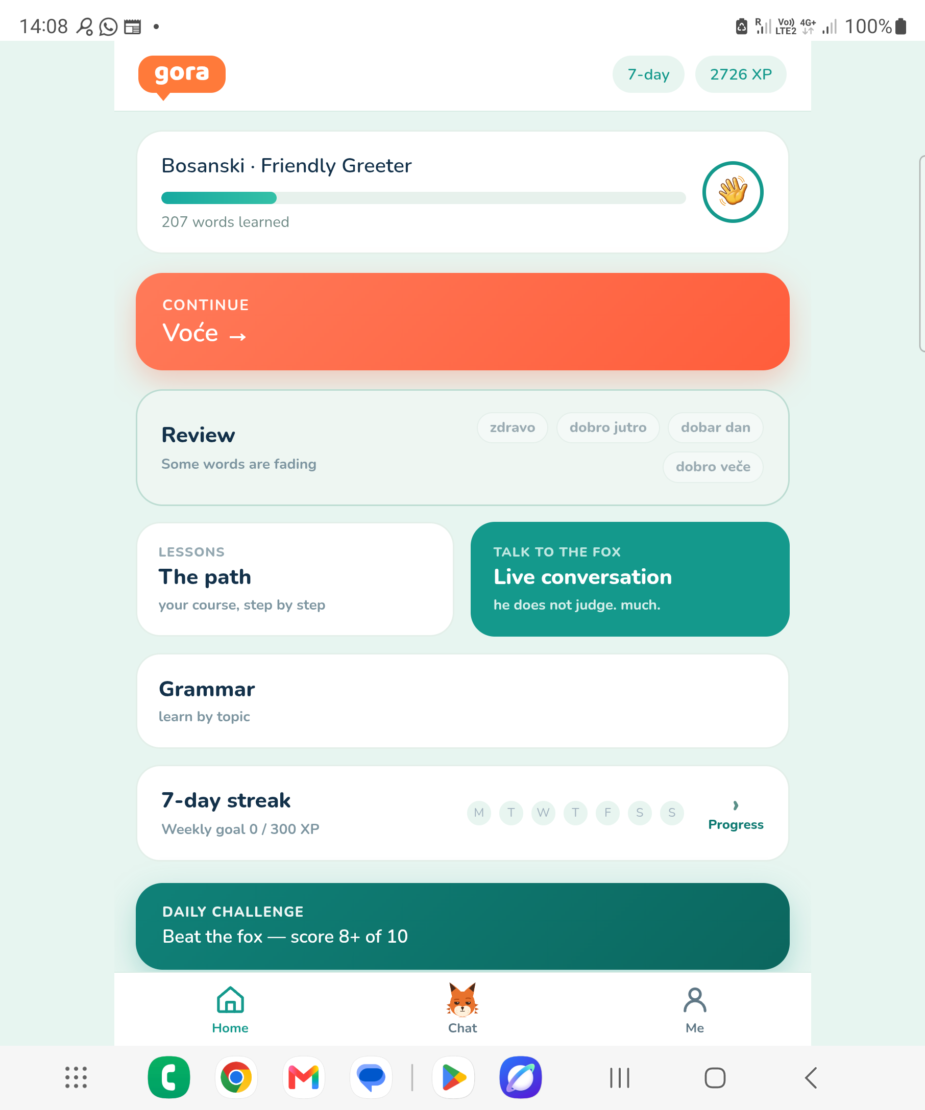 Gora home screen showing review and course progress